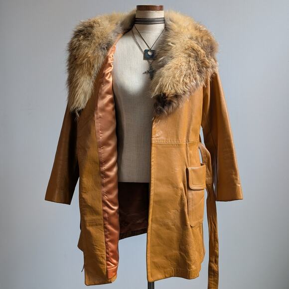 Vintage Mustard Leather Penny Lane Jacket Groovy Fur Trim 70s Trench Coat Medium - Picture 3 of 10